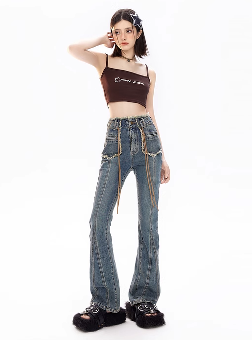 High Waist Fringe Flared Denim