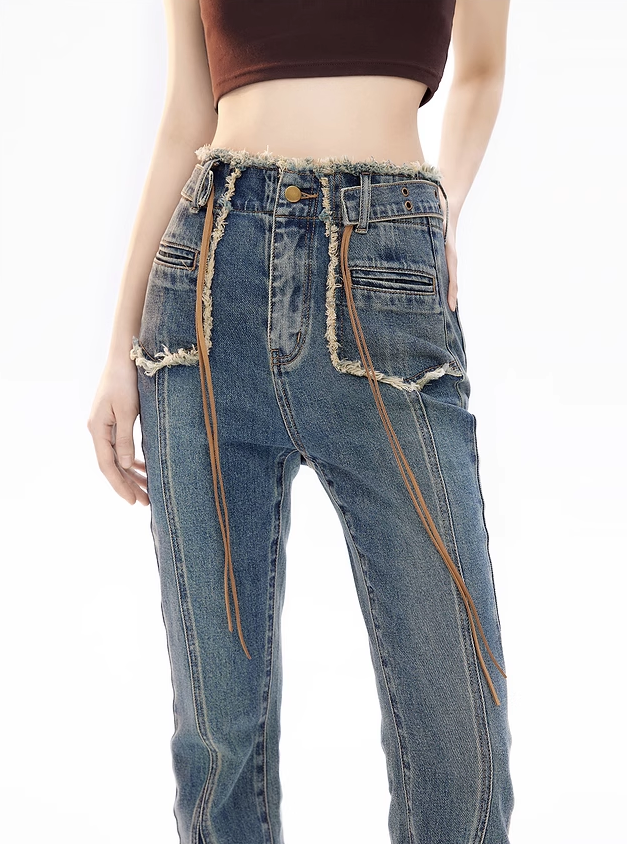 High Waist Fringe Flared Denim