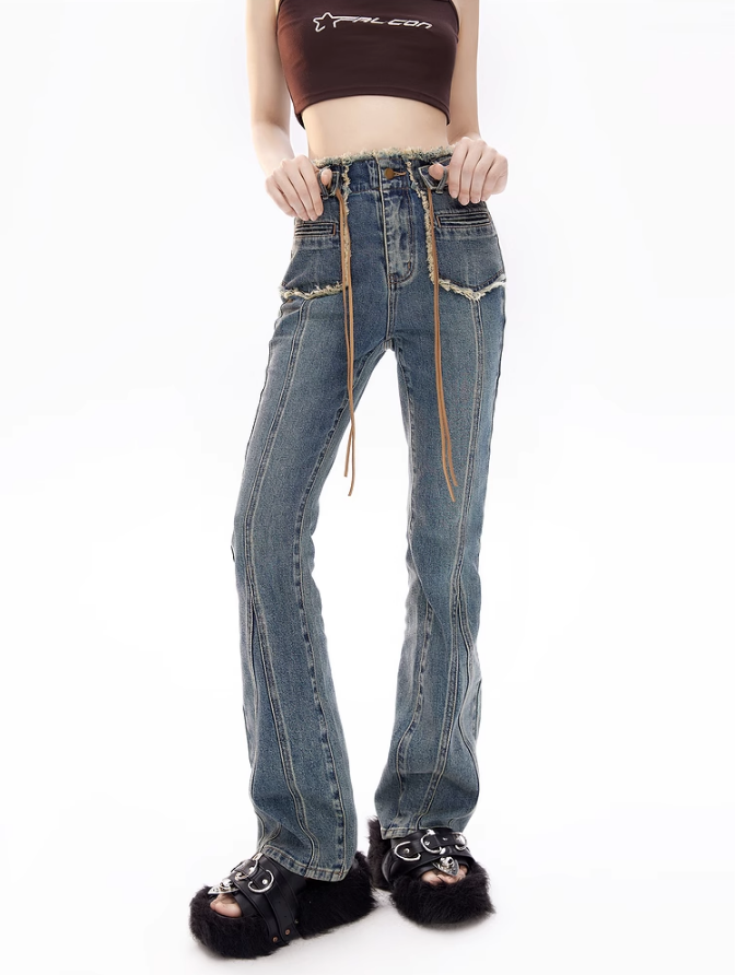 High Waist Fringe Flared Denim