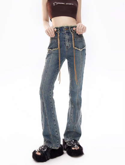 High Waist Fringe Flared Denim