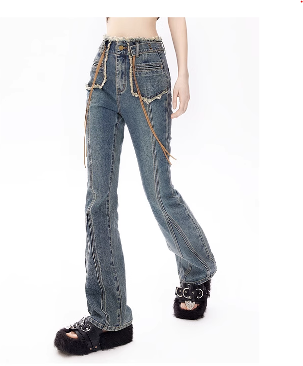 High Waist Fringe Flared Denim