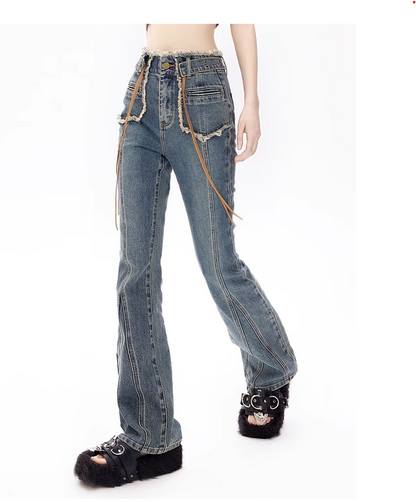 High Waist Fringe Flared Denim