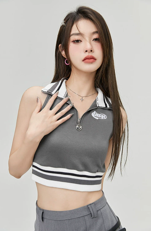 Color Stripe Sleeveless Tight Zip Top