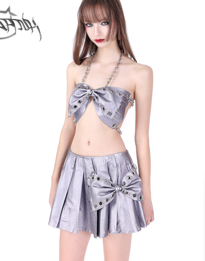 Ribbon Point Metallic Silver Pleated Skirt