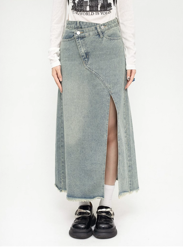 High Waist Slit Long Denim Skirt