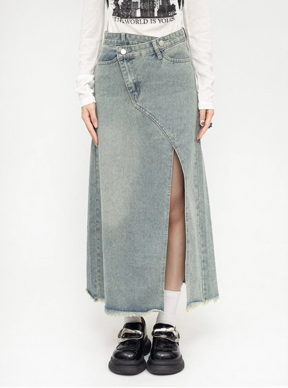 High Waist Slit Long Denim Skirt