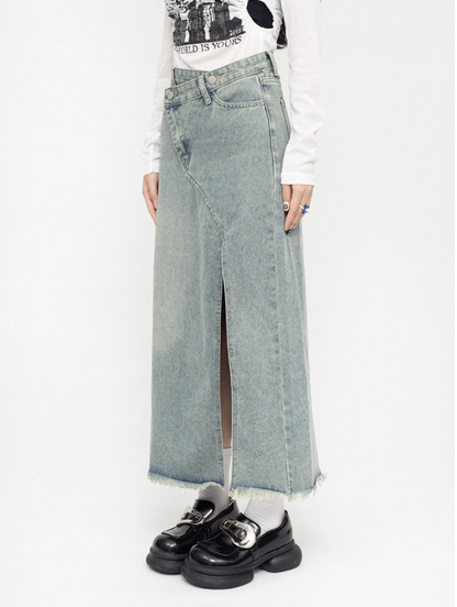 High Waist Slit Long Denim Skirt