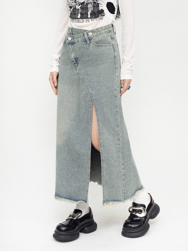 High Waist Slit Long Denim Skirt