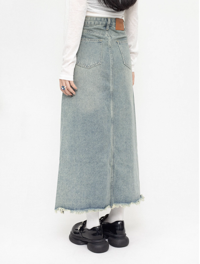 High Waist Slit Long Denim Skirt