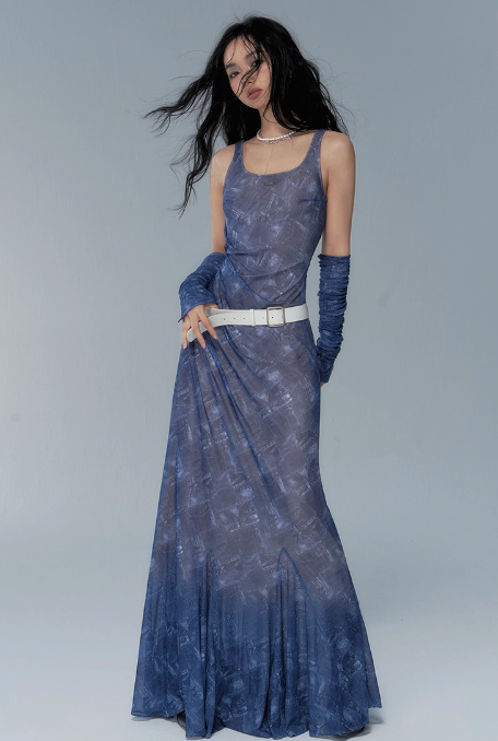 Denim Print Mermaid Long Dress & Gloves Set