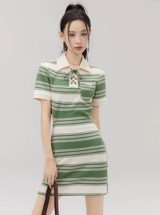 Waist Cut Striped Shirt Dress