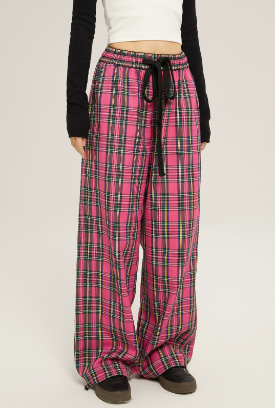 High Waist Loose Casual Check Pants