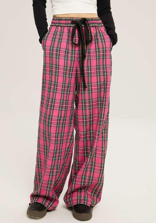 High Waist Loose Casual Check Pants