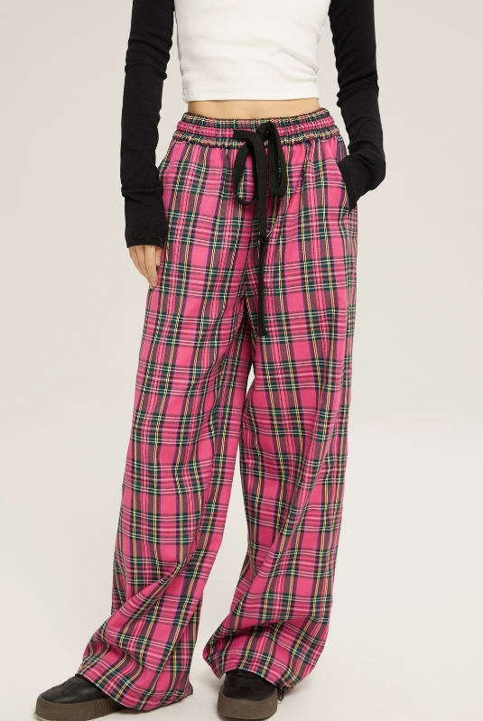 High Waist Loose Casual Check Pants