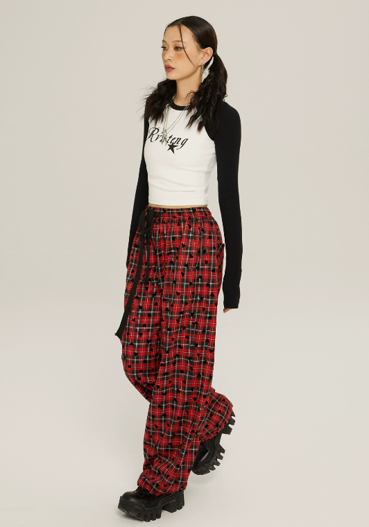 High Waist Loose Casual Check Pants