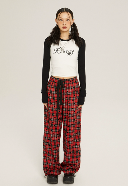 High Waist Loose Casual Check Pants