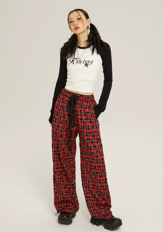 High Waist Loose Casual Check Pants