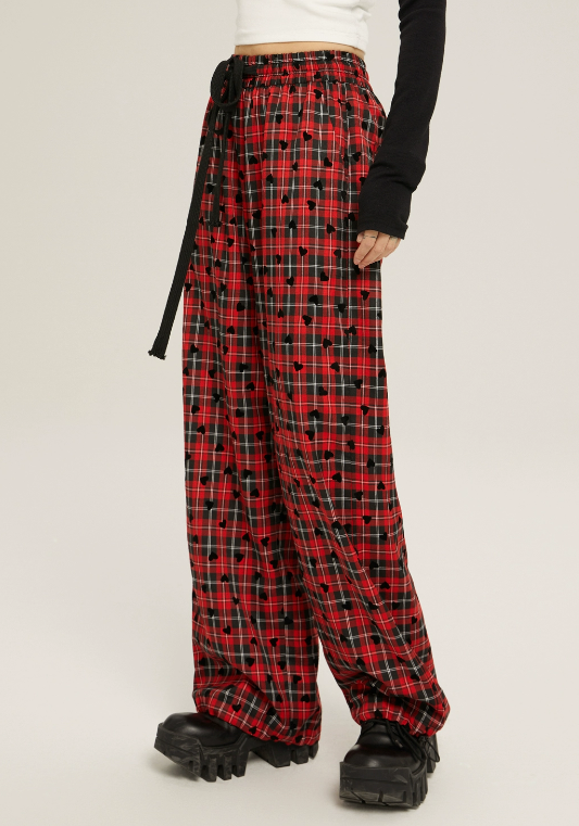 High Waist Loose Casual Check Pants