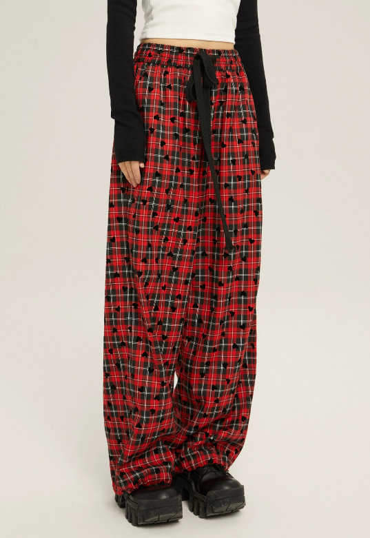 High Waist Loose Casual Check Pants