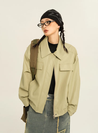 Große Silhouette Leder Casual Jacke