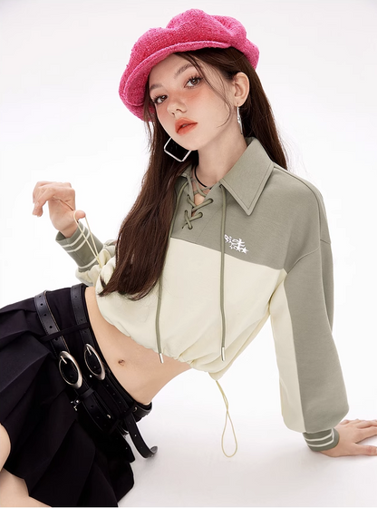 Lace-up Polo Collar Tops
