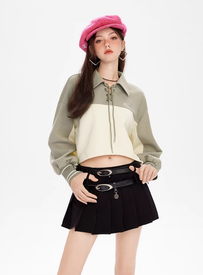 Lace-up Polo Collar Tops