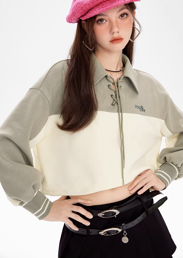 Lace-up Polo Collar Tops