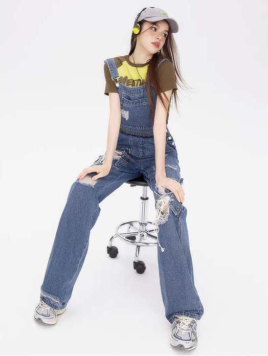 Damaged Design Denim Overalls