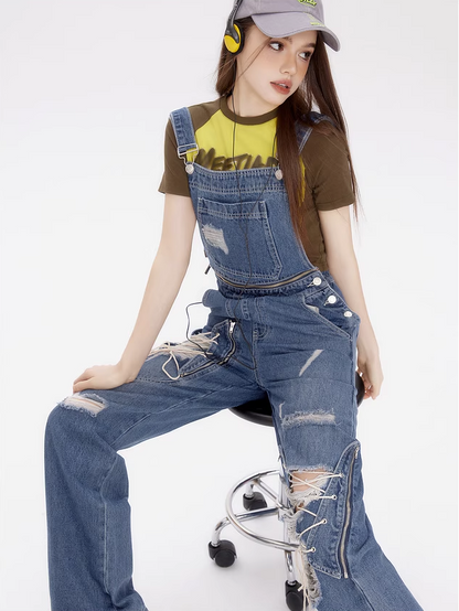 Damaged Design Denim Overalls