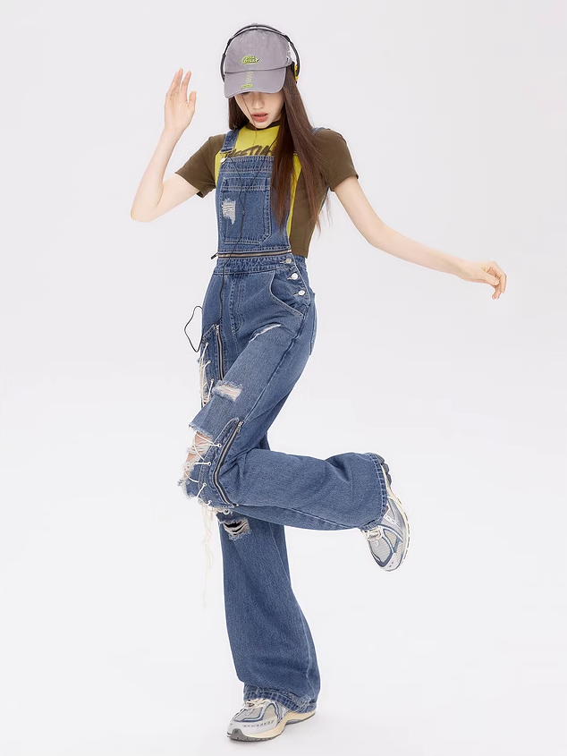 Damaged Design Denim Overalls