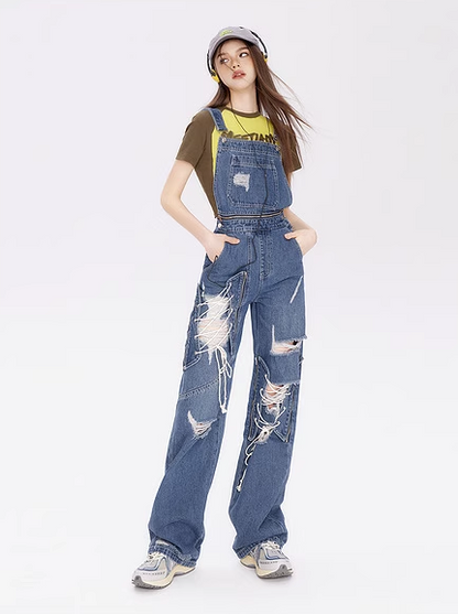 Damaged Design Denim Overalls