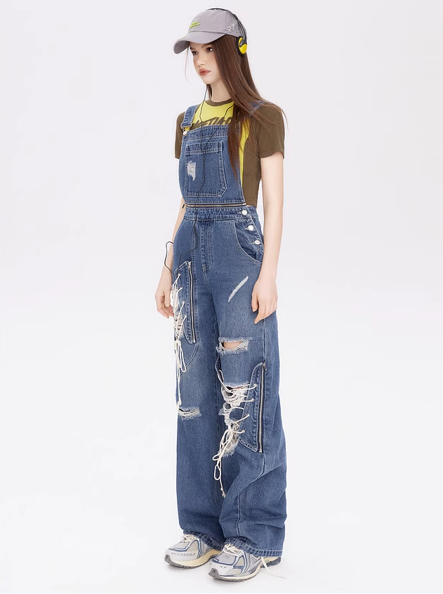 Damaged Design Denim Overalls