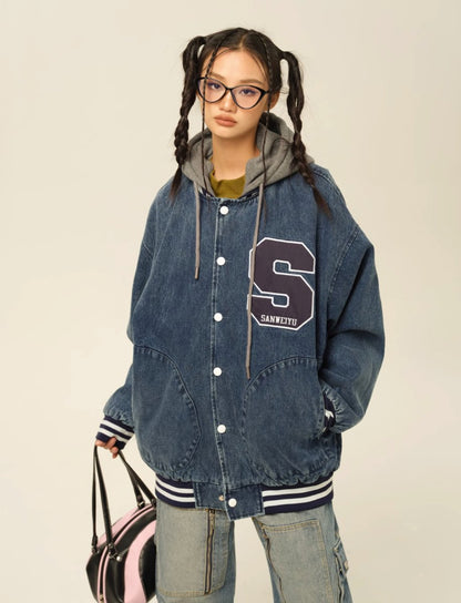 Denim Hoodie Baseball Jumper