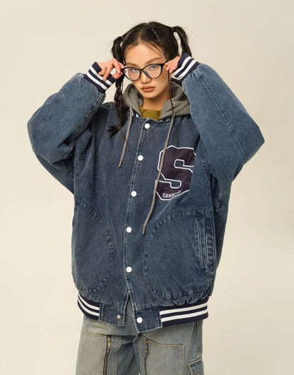 Denim Hoodie Baseball Jumper