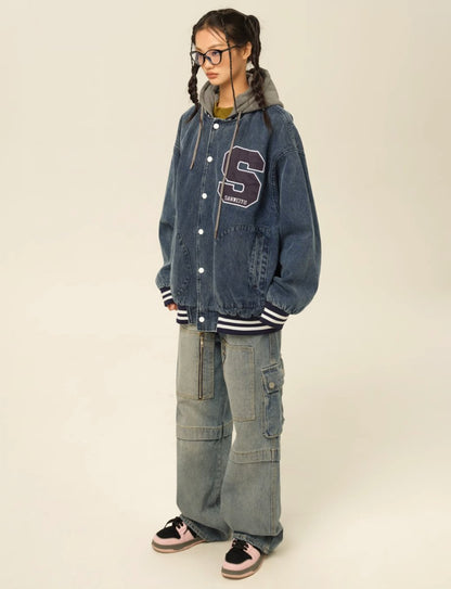 Denim Hoodie Baseball Jumper