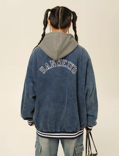 Denim Hoodie Baseball Jumper