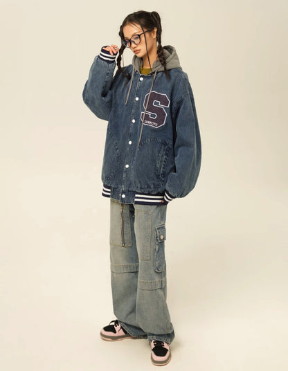 Denim Hoodie Baseball Jumper