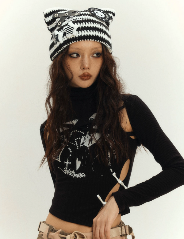 Side Open Cross Strap High Neck Top