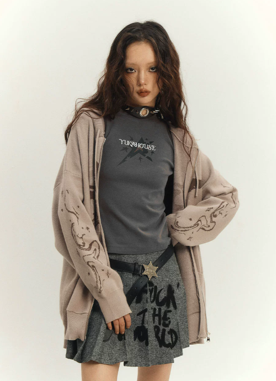 Marine Print Wide Silhouette Hooded Top