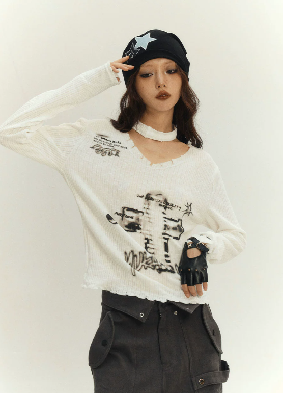 Punk Style Loose V-Neck Ribbed Knit Top
