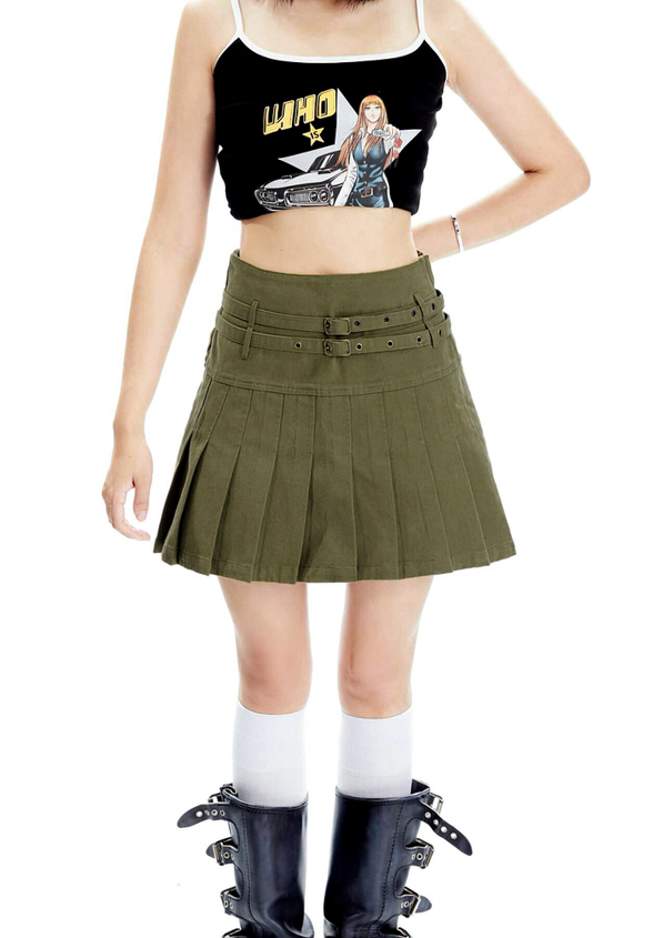 Double Belt Pleated Miniskirt