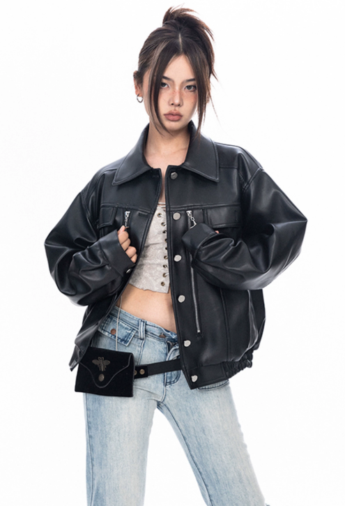 Charm Design Metallic Leather Jacket