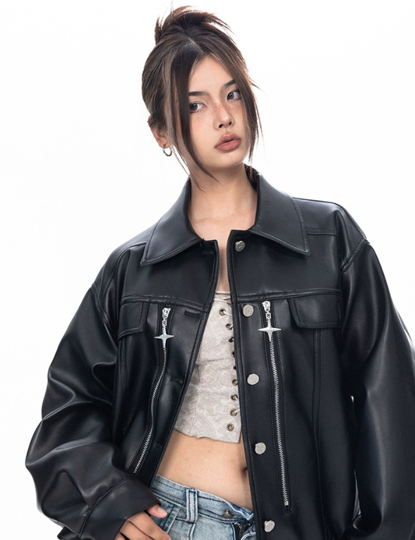 Charm Design Metallic Leather Jacket