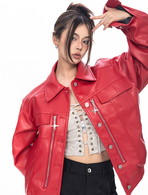 Charm Design Metallic Leather Jacket