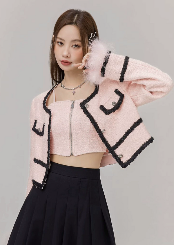 Fur Sleeveless Lame Jacket & Short Inner Tops Set