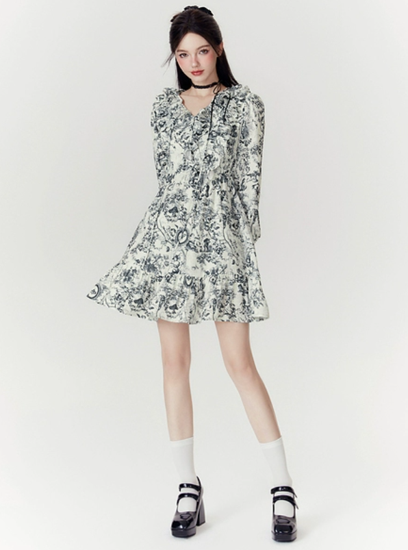 Puff Long Sleeve Ruffle Mini Dress