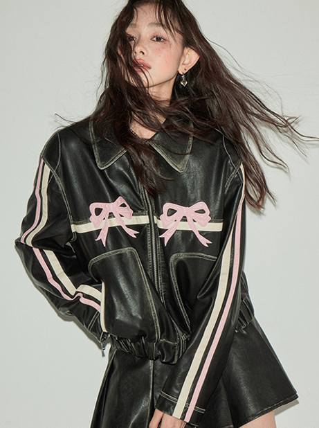 Ribbon Design Leather Wide Casual Jacket