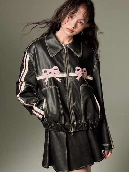 Ribbon Design Leather Wide Casual Jacket