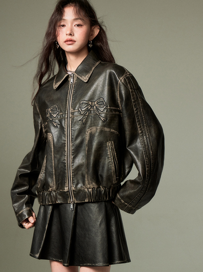 Ribbon Design Leather Wide Casual Jacket