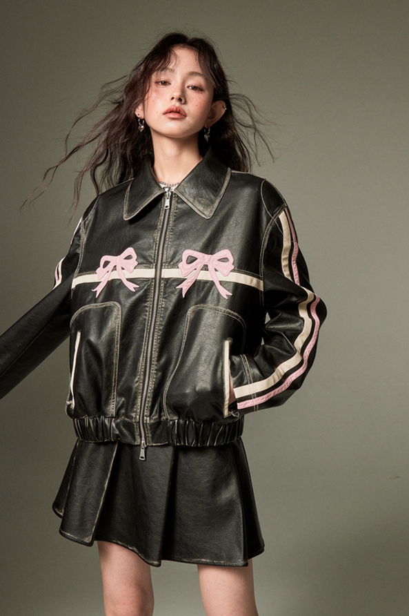 Ribbon Design Leather Wide Casual Jacket